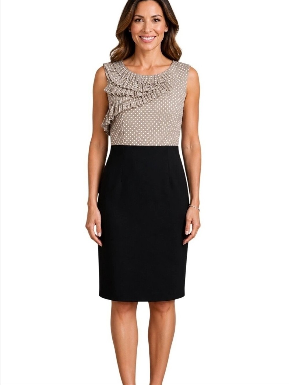 Anne Klein Black & Taupe Polka Dot Ruffle Sheath Midi Dress
